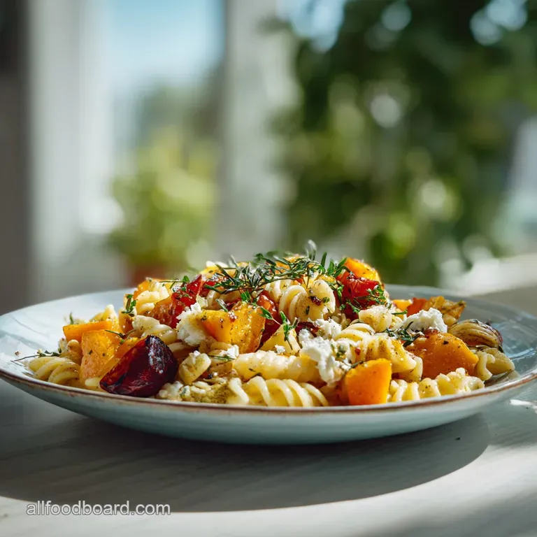 A rustic ceramic bowl brimming with tender pasta and caramelized root vegetables, garnished with fresh herbs.
