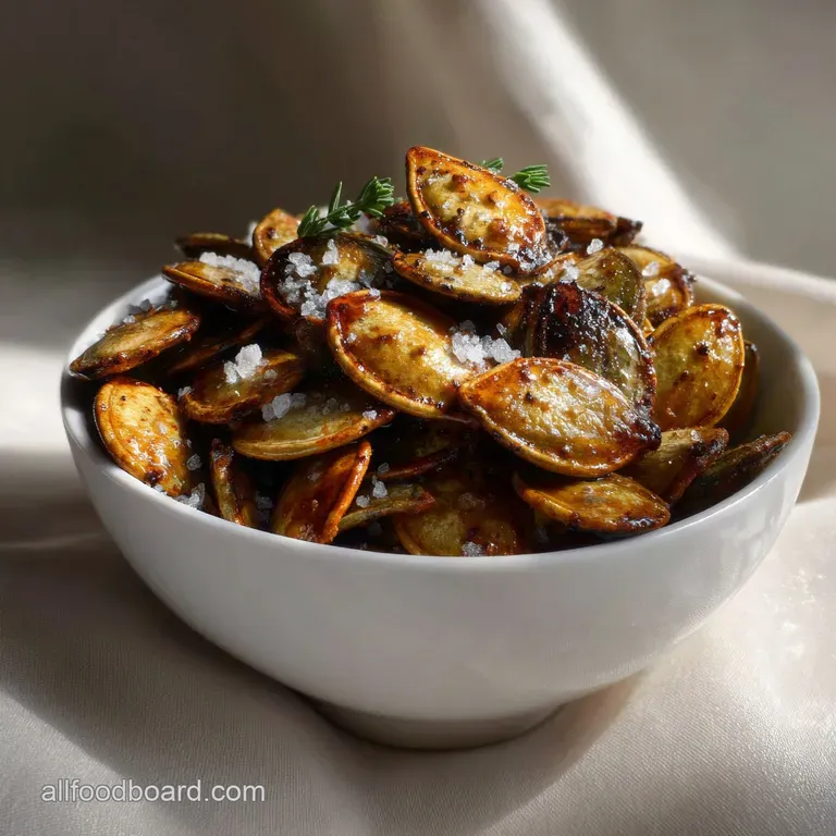 Crunchy roasted pumpkin seeds artfully arranged in a small, white ceramic bowl, showcasing their rich, toasted hue and fla...
