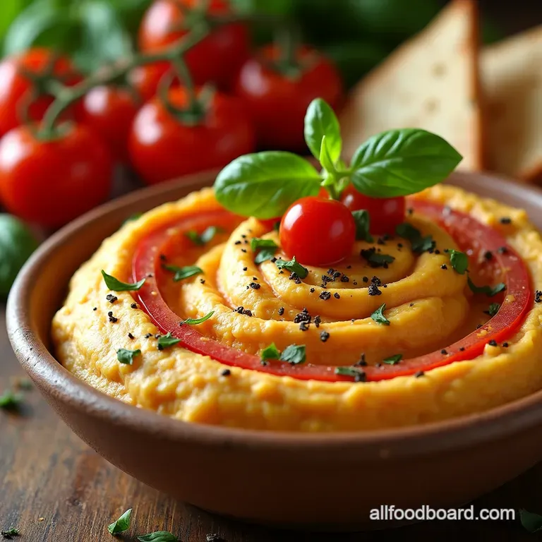 Mediterranean Summer Swirl Vibrant Roasted Tomato and Basil Hummus presentation