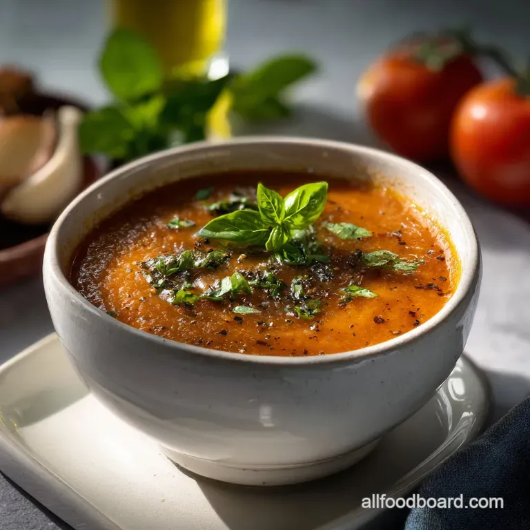 Elegant white bowl showcasing rich red tomato soup. Fresh basil garnish and a swirl of cream create a visually appealing, ...