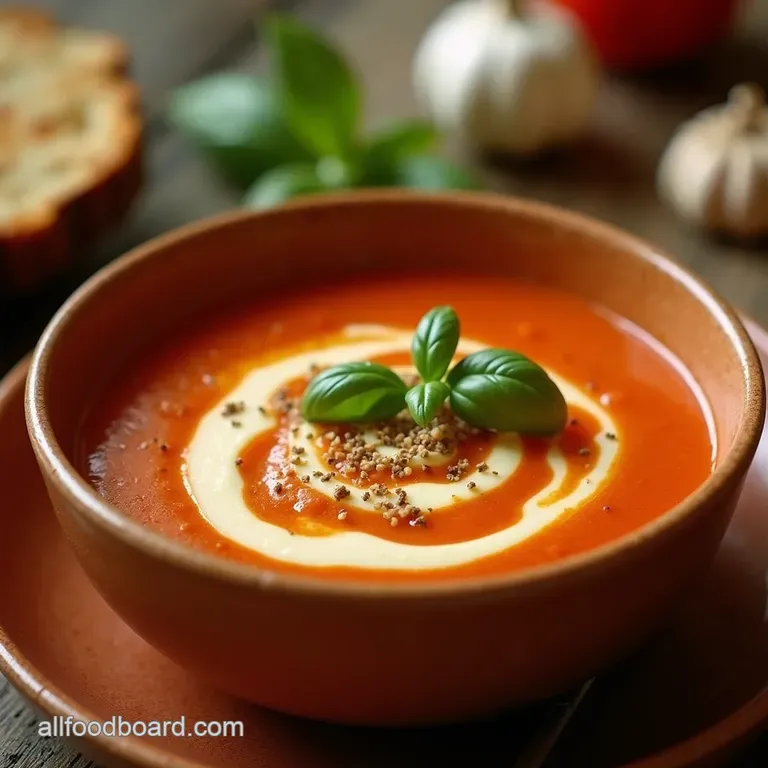 The Velvety Dream Ultimate Roasted Garlic Tomato Soup with Basil Swirl presentation