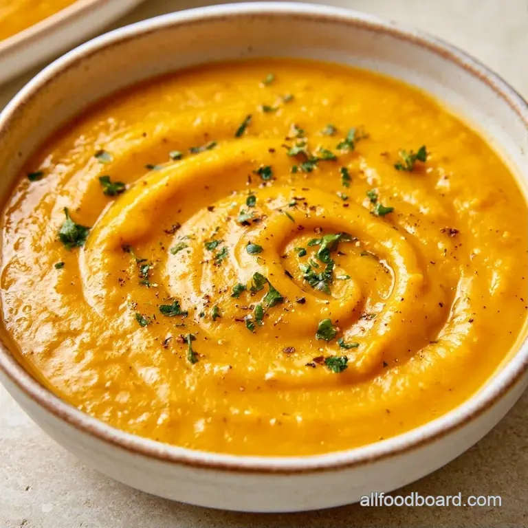 Vibrant yellow puree served in a white ceramic bowl with a drizzle of olive oil and a sprig of fresh thyme.