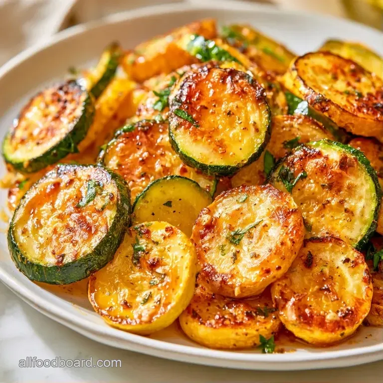 Sliced green and yellow summer squash arranged neatly on a white platter, glistening with oil and cracked pepper.