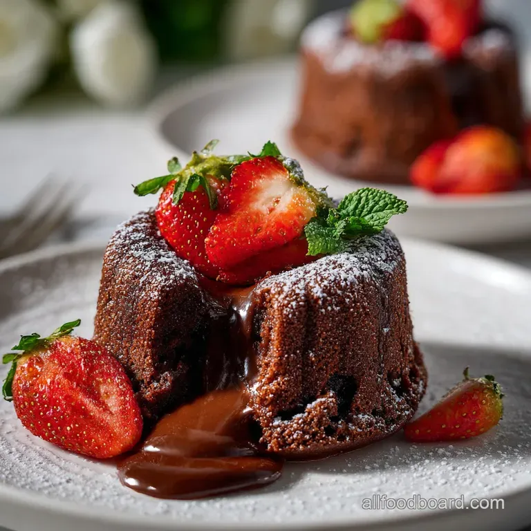 Elegant molten lava cake on a white plate. Warm, gooey chocolate spills out, complemented by bright red raspberries and mint.