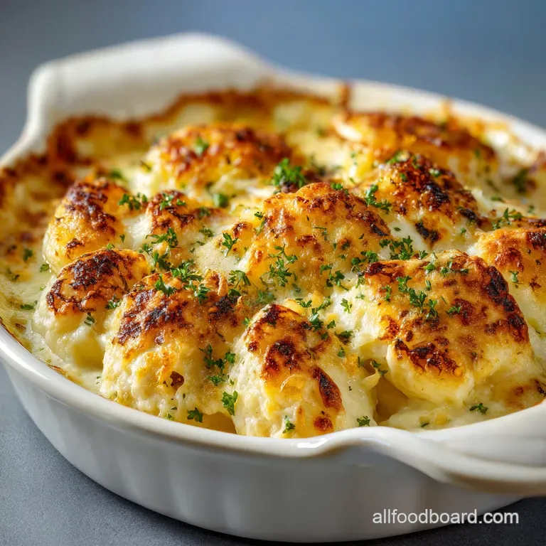 A rich, golden-brown gratin of potatoes served in an elegant ramekin, emitting a comforting warmth.