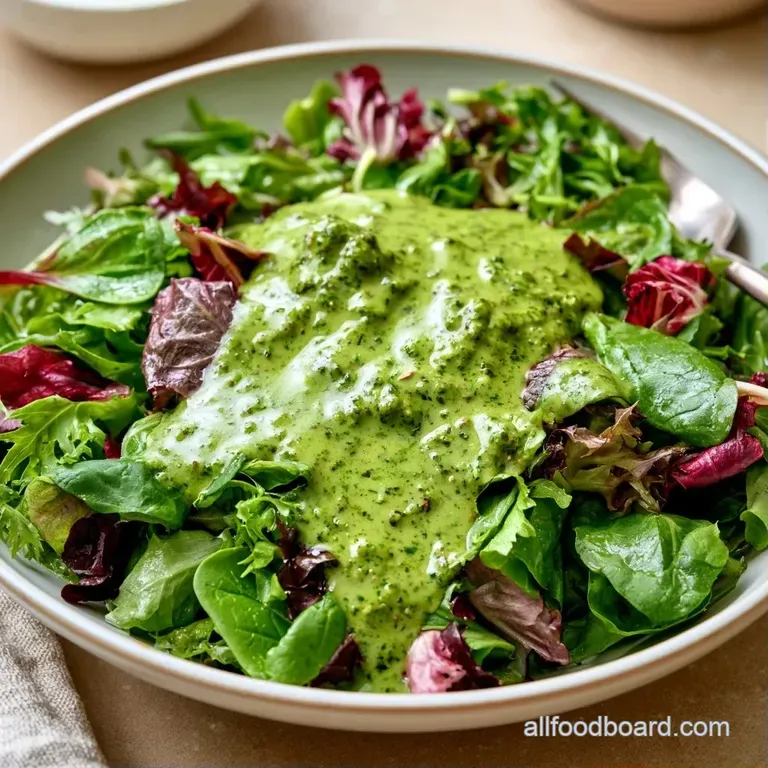 A bright green salad arranged in a white ceramic bowl with drizzle of glossy pesto and a sprinkle of toasted pine nuts.