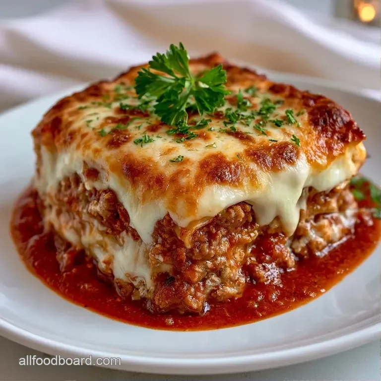 A square slice of layered pasta and rich meat sauce on a white plate, garnished with a sprig of fresh green parsley.
