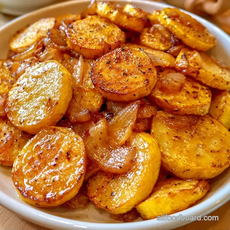 Bright yellow squash slices and softened onions arranged neatly on a white ceramic plate with fresh herb garnish.