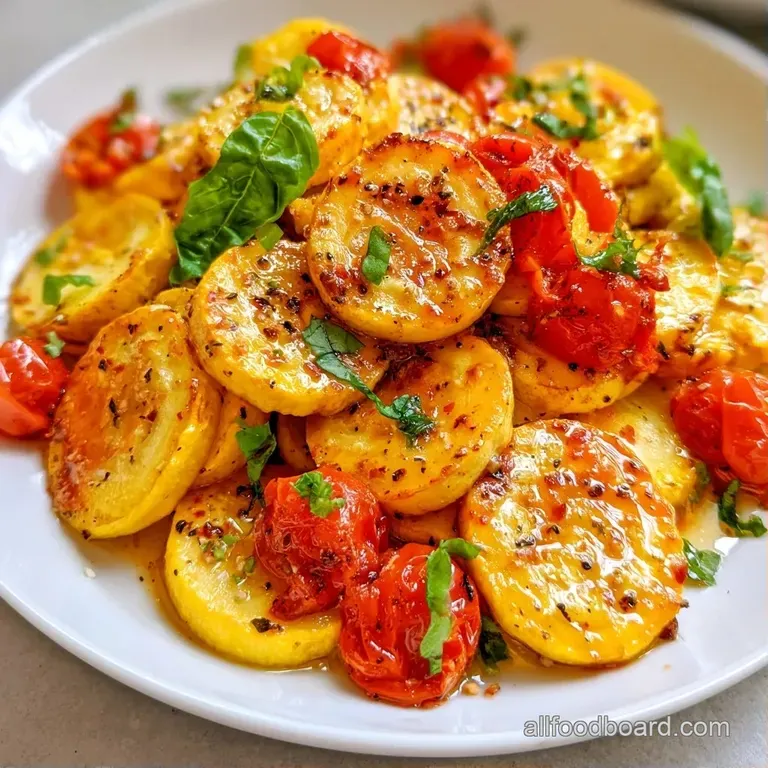 Vibrant yellow squash and red tomatoes artfully plated on white porcelain, garnished with sprigs of fresh green basil.