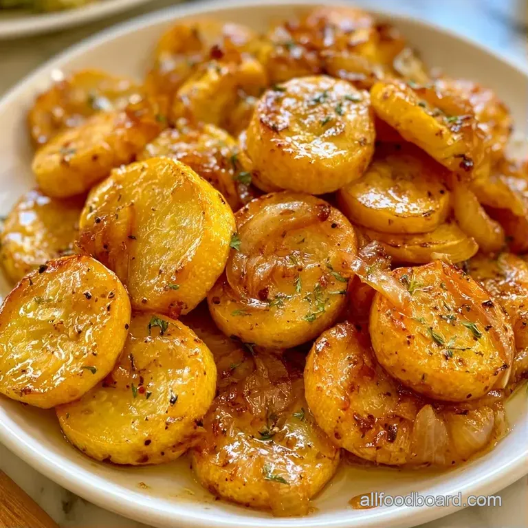 Tender yellow squash rounds piled high on a white plate, garnished with bright parsley and a drizzle of olive oil.