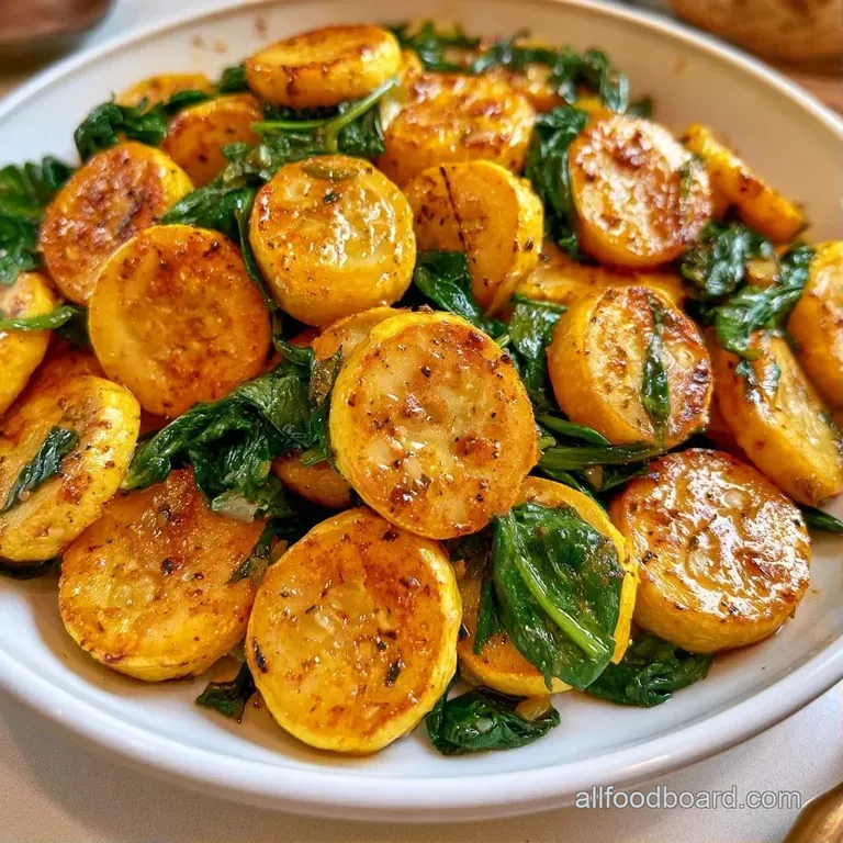 Vibrant yellow squash rounds and wilted dark greens piled elegantly on a white plate with a light, shimmering glaze.