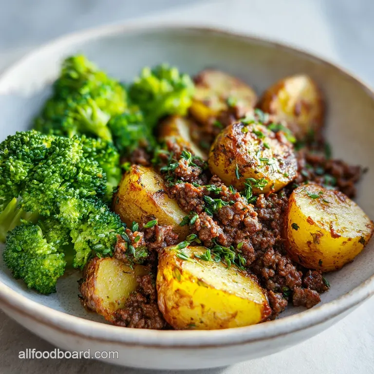Plated ground beef and potatoes with broccoli, glistening with savory juices. Steaming hot, sprinkled with herbs, inviting...