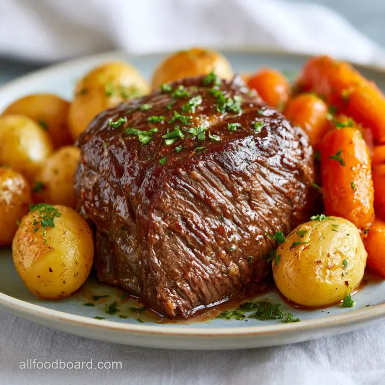 Sliced juicy roast beef atop creamy mashed potatoes, drizzled with dark gravy and garnished with fresh parsley.