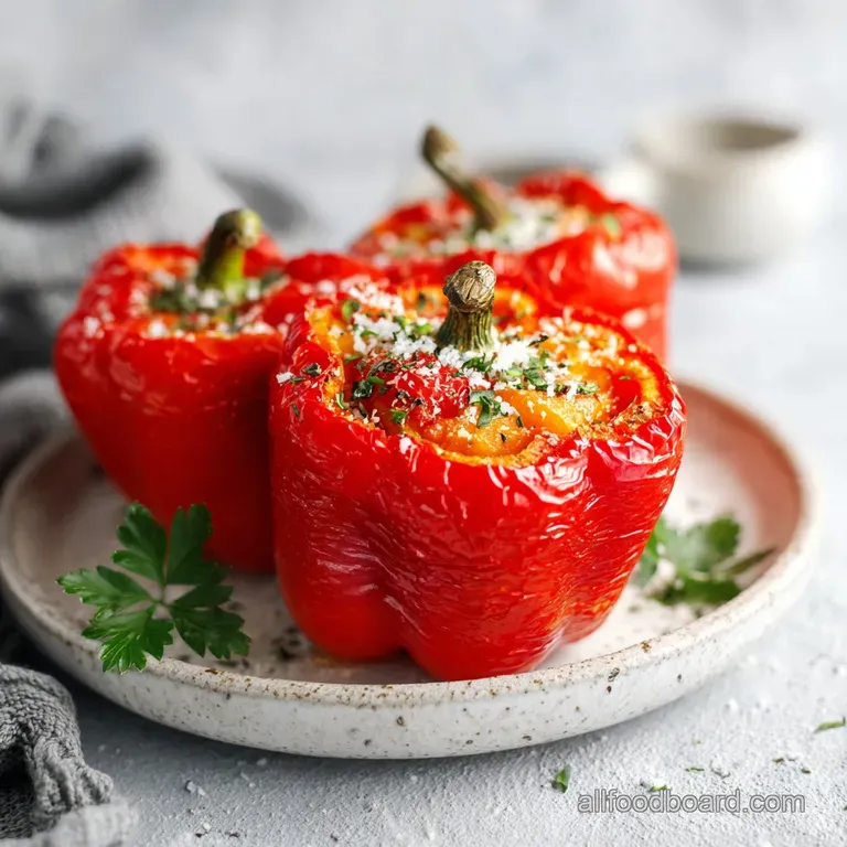 A single, bright red stuffed paprika pepper sits on a white plate, steam rising, showcasing the savory filling spilling out.