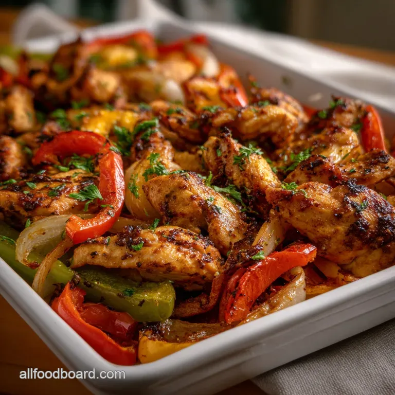 Tender chicken and colorful peppers arranged artfully on a white plate, garnished with fresh cilantro and a lime wedge.