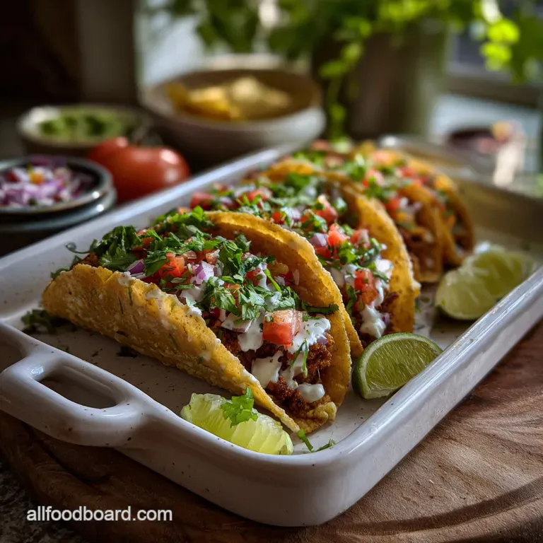 Crisp taco shells artfully arranged on a plate, overflowing with vibrant fillings and topped with fresh cilantro, a vibran...