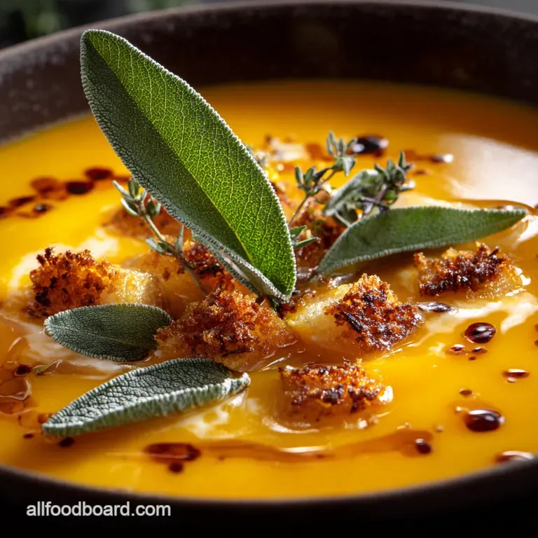 Silky Roasted Butternut Squash Soup with Brown Butter and Crispy Sage presentation
