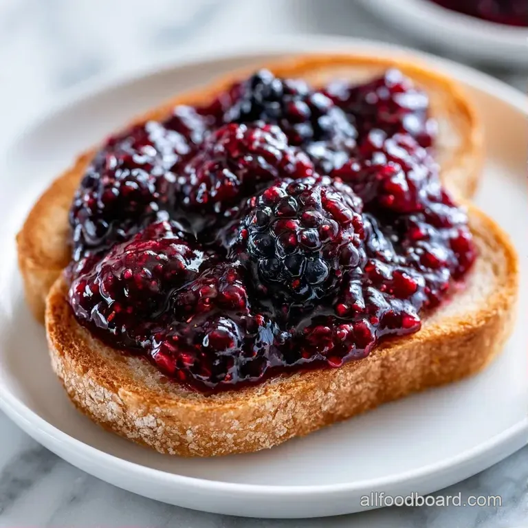 A silver spoon lifting a dollop of thick, dark purple preserve onto warm toasted sourdough with melted butter.