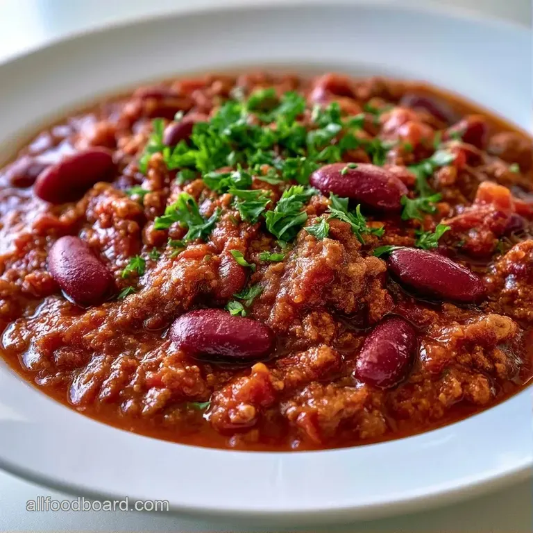 A white ceramic bowl filled with thick red stew, topped with a dollop of sour cream and chopped green scallions.