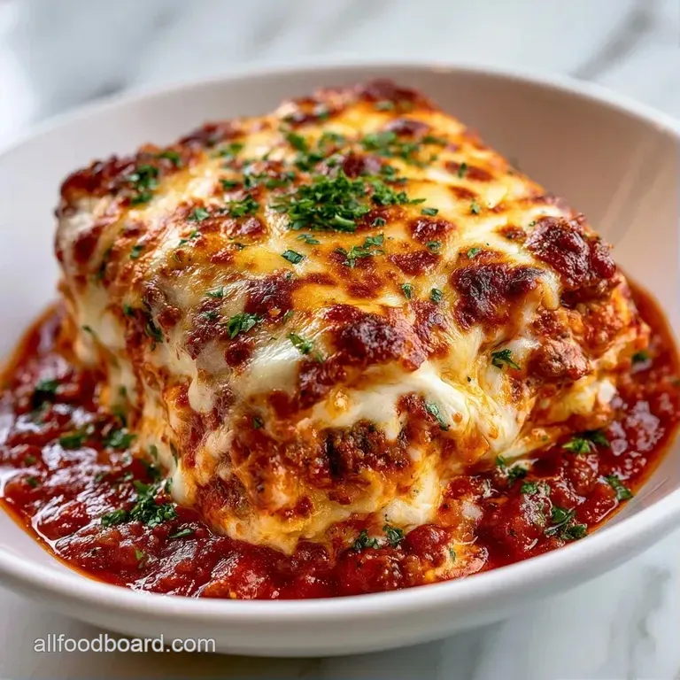 A neat square of layered pasta with melted white cheese and red sauce, garnished with a fresh basil leaf.