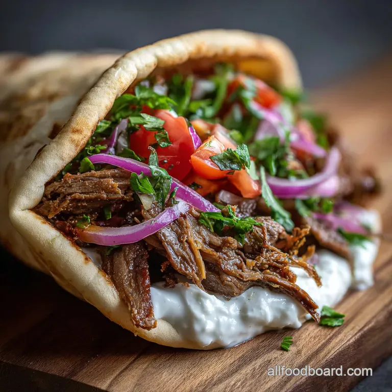 Elegant plated gyro with thinly sliced, glistening beef, vibrant red onion, and a swirl of tzatziki. Textural perfection.