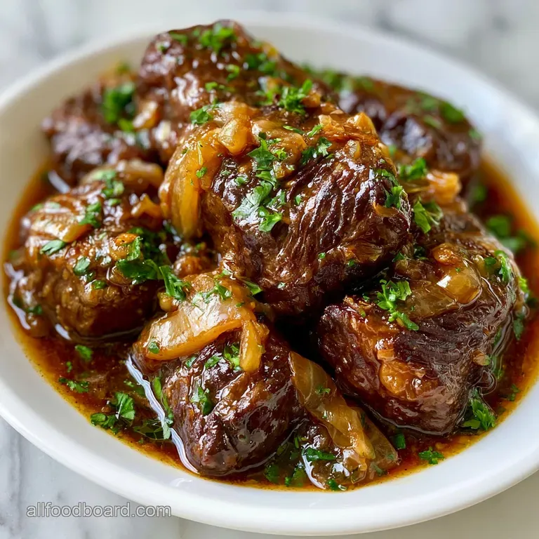Hearty chunks of dark brown meat drizzled with silky sauce over creamy mashed potatoes on a white ceramic plate.