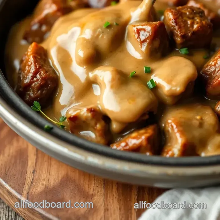 Savory Slow Cooker Beef Tips with Velvety Creamy Gravy presentation