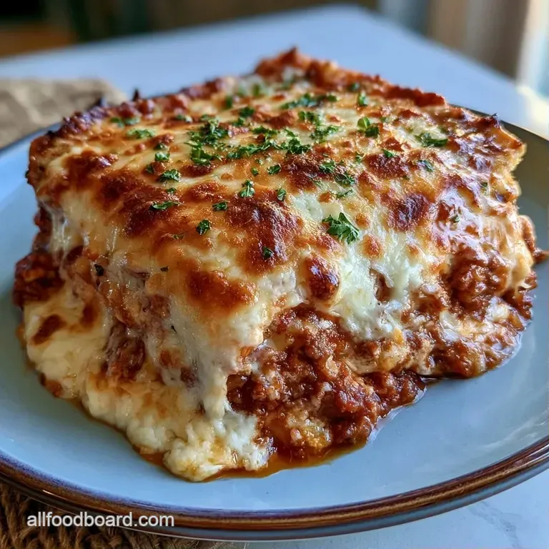 A neat square slice of layered pasta with gooey melted cheese, served on a white plate with a sprig of fresh parsley.