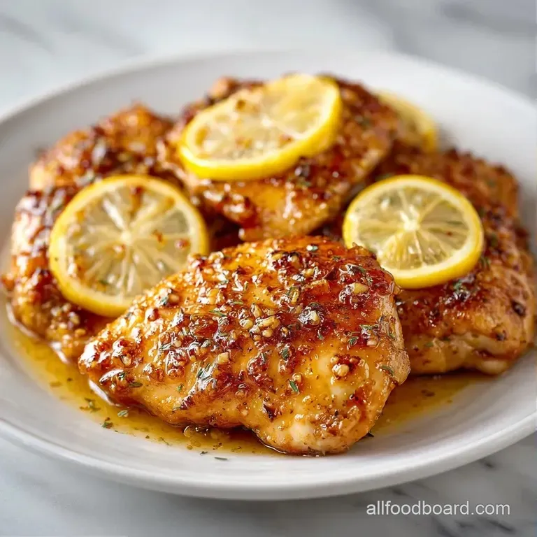 Juicy chicken breast slices on a white platter, drizzled with a zesty citrus glaze and garnished with fresh herb sprigs.