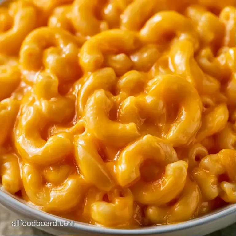 A heap of velvety orange cheese pasta in a white bowl, finished with toasted golden breadcrumbs and parsley.