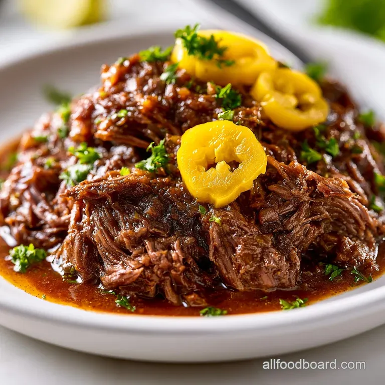 Slices of tender beef atop creamy mashed potatoes, drizzled with glossy brown sauce and a whole pepperoncini.