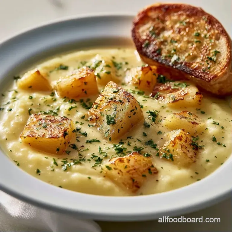 A wide ceramic bowl of velvety white soup garnished with a swirl of cream and crisp green herbs on a wooden table.