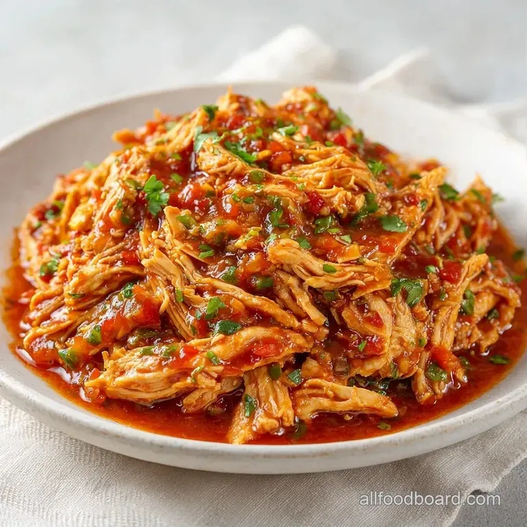 Sliced tender chicken breasts drizzled with chunky red sauce, served with a fresh lime wedge on a white platter.