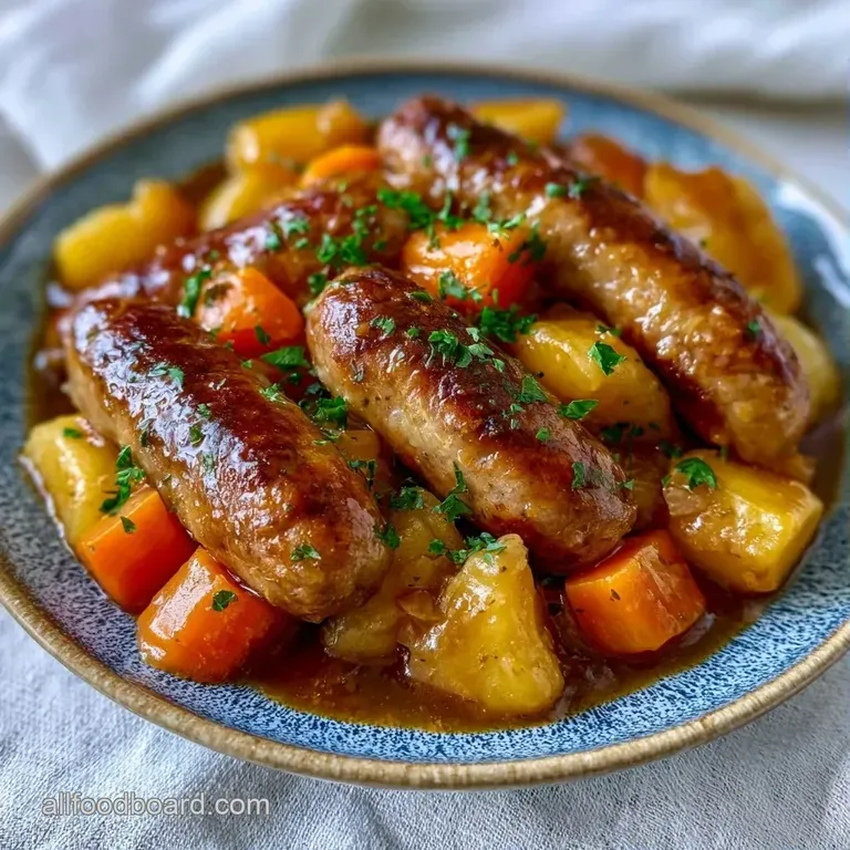 Hearty browned sausages in a rich, silky gravy served in a ceramic bowl with a sprinkle of fresh green parsley
