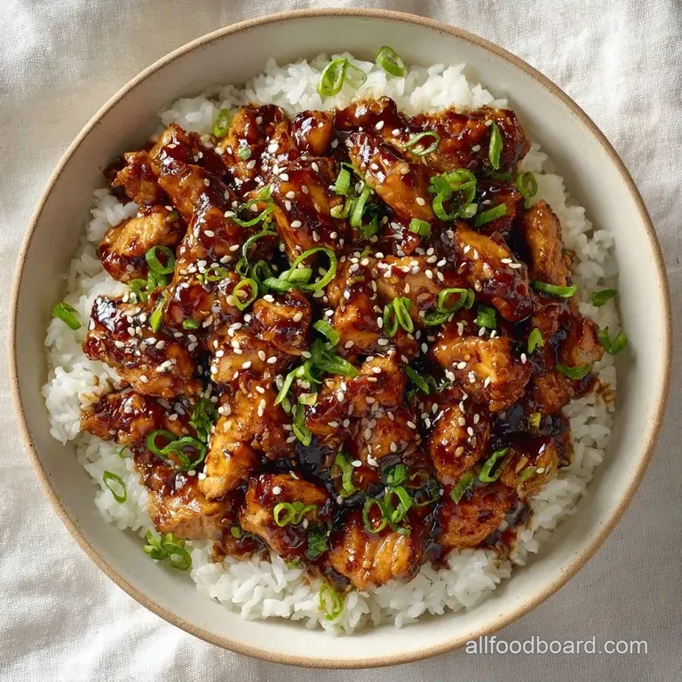 Glazed chicken pieces arranged neatly over a bed of steamed rice in a ceramic bowl with fresh green scallions.