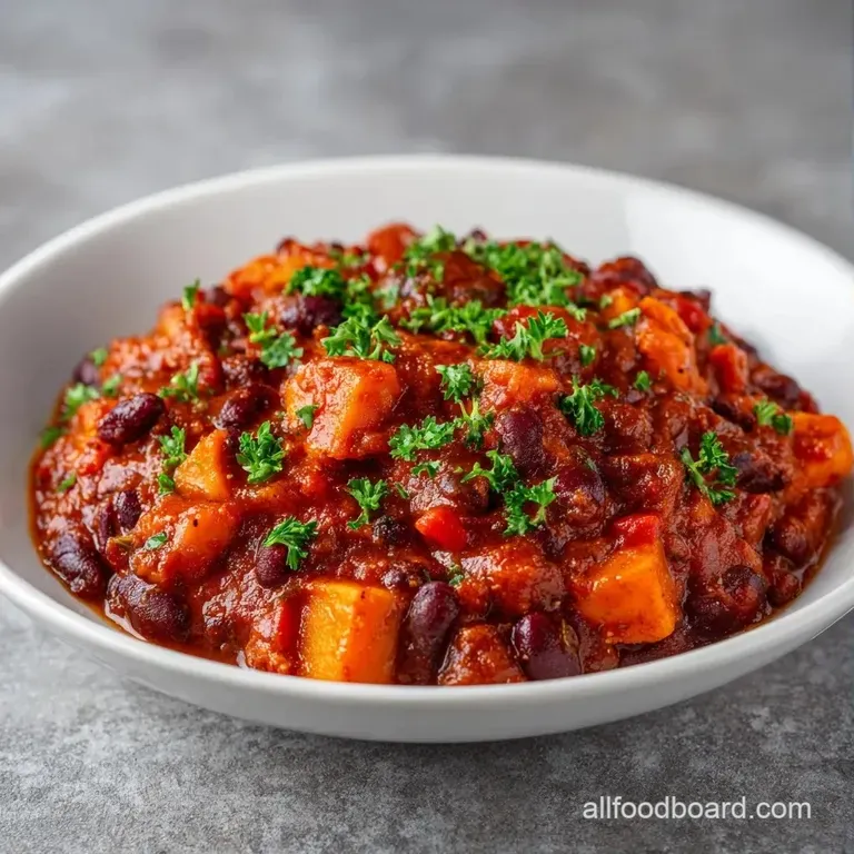 A rustic ceramic bowl of chunky red stew garnished with sliced avocado and a swirl of cool white sour cream.