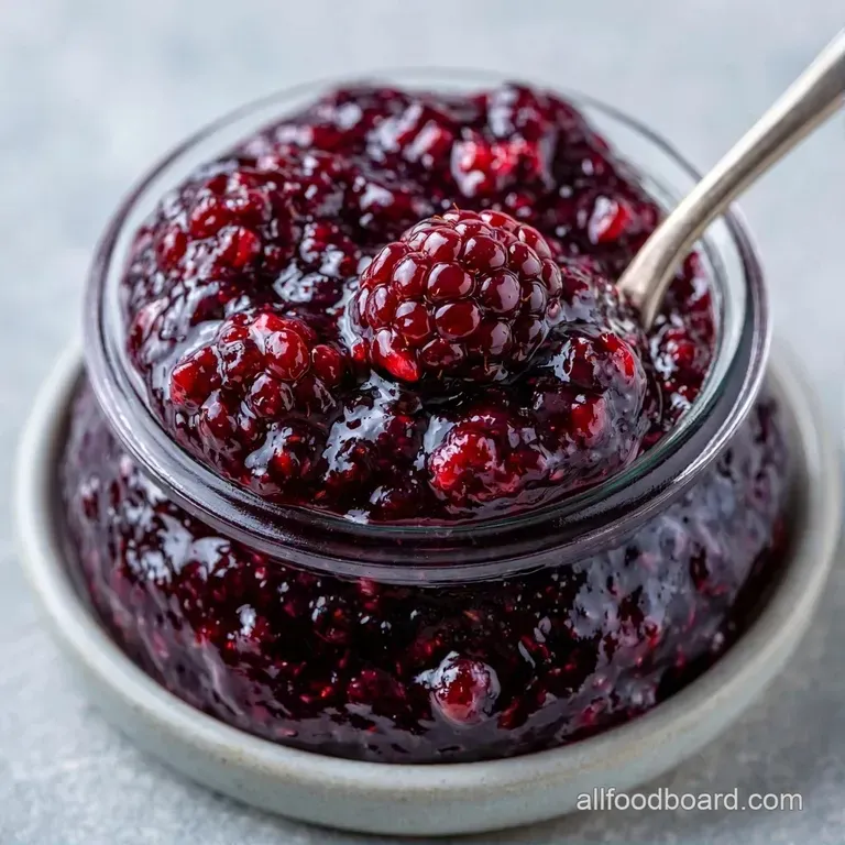 A swirl of dark purple fruit preserve on a buttered piece of golden-brown sourdough toast on a white plate.