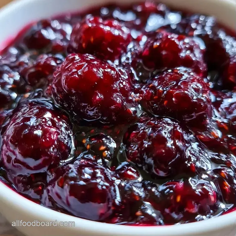 Rich violet preserves spread on a golden toasted sourdough slice atop a white marble surface with fresh berries.