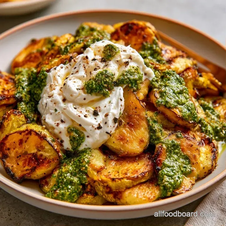 Artfully plated charred green zucchini rounds topped with a glistening burrata sphere and a sprinkle of fresh herbs.