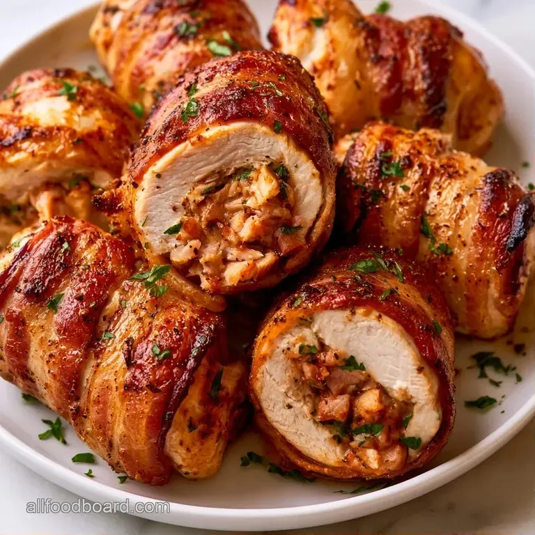 Elegant platter of bacon-wrapped chicken bombs with golden edges dusted in smoked paprika and a rust-red glow.