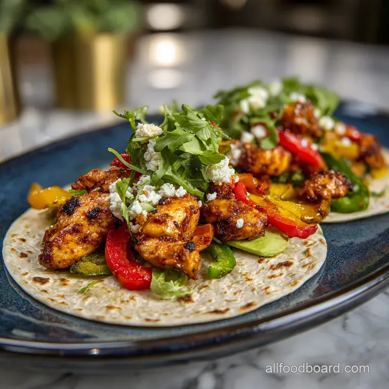 Plated chicken fajitas bursting with vibrant peppers, onions, and juicy chicken; garnished with fresh cilantro and lime we...