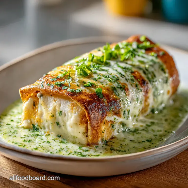 Smothered burrito cut open, chicken and cheese oozing. Bright green sauce contrasts with creamy filling on a white plate.