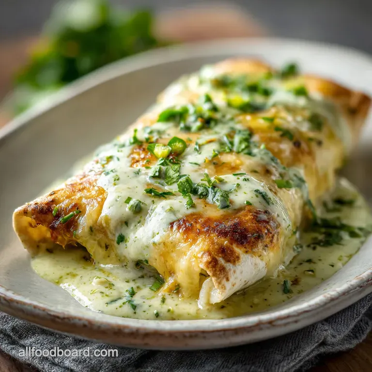 A single burrito, sliced open to reveal tender chicken, swimming in rich green sauce, garnished with fresh cilantro.