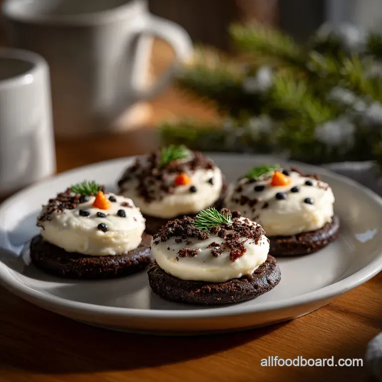 Charming snowman Oreo balls arranged on a plate, showing off their creamy coating and playful candy faces and button details.