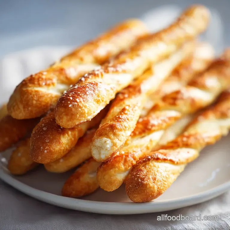 Buttery breadstick, golden crust, laid elegantly on linen. Coarse salt sparkles; airy crumb peeks through torn edge.
