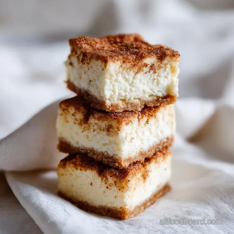 Neatly stacked pastry squares with a creamy white center and sparkling cinnamon sugar on a dark stone surface.