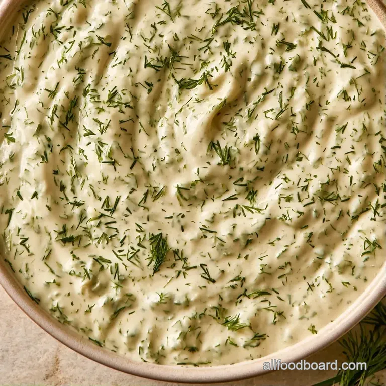 A small glass bowl of smooth white dip garnished with a fresh dill sprig and surrounded by crisp cucumber slices.