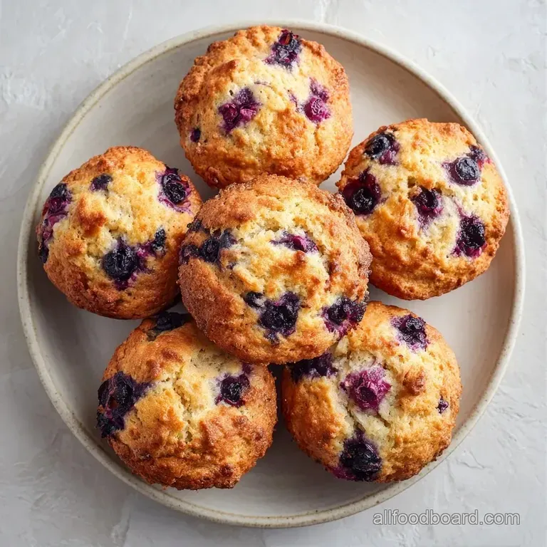 Golden muffins on a white porcelain plate, garnished with a dusting of powdered sugar and fresh purple berries.
