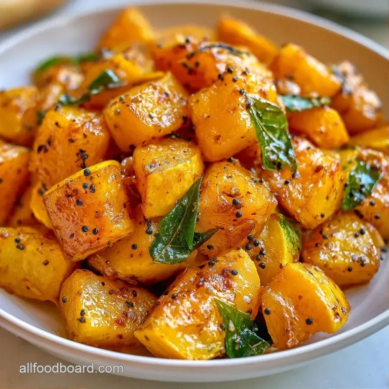 A white ceramic bowl of vibrant yellow squash topped with fried curry leaves and a drizzle of golden oil.