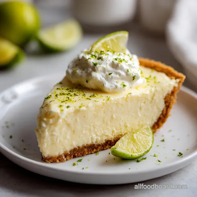 A slice of bright green key lime pie, topped with fluffy white meringue swirls on a white plate.